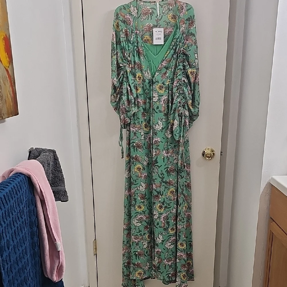 Free People Green and White Tiered Wrap Gown - Picture 1 of 5